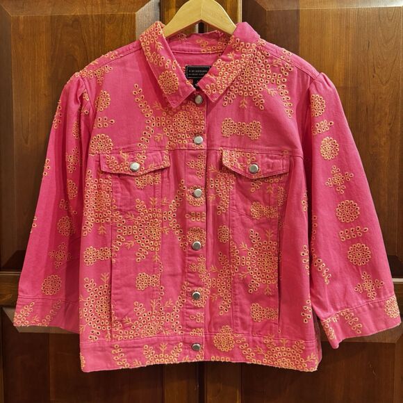 G by Giuliana Women's Black Label Puff-Sleeve Eyelet Jean Jacket Magenta Size 1X - Picture 16 of 16